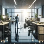 Professional cleaner mopping the floor in a modern commercial office space, highlighting meticulous cleanliness and organization.